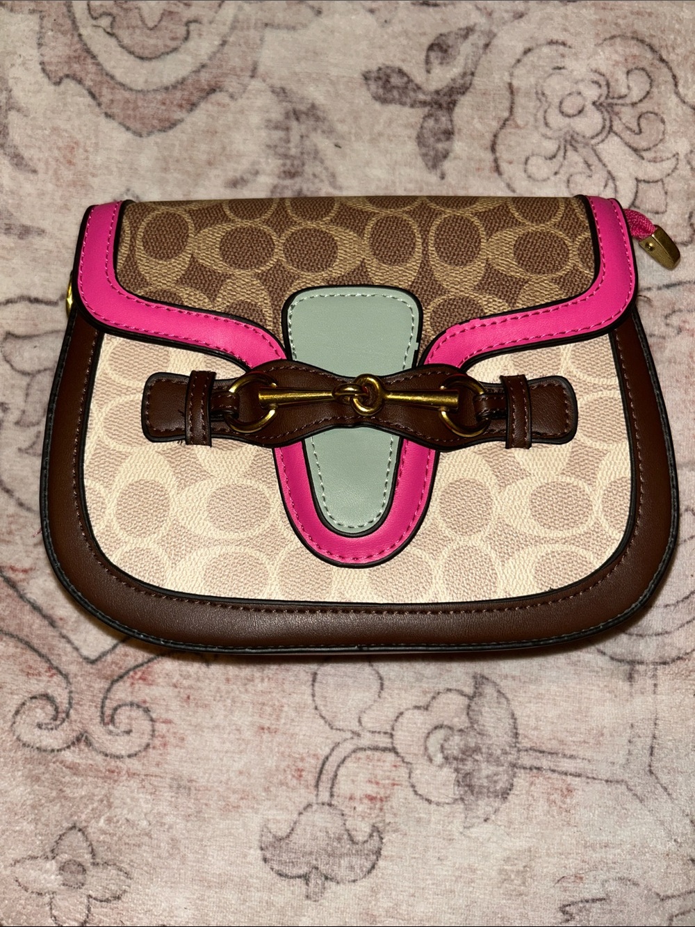 Colorblock Small Saddle Crossbody - Pink/Green/Brown